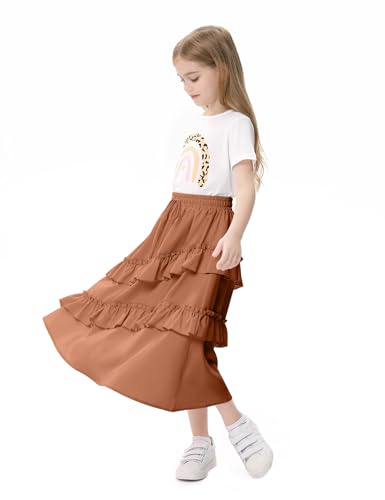 Image of Girls High Waisted Ruffle Maxi Skirt Soft Cotton Long Skirts with Elastic Waistband for Kid Girl 3-12 Years