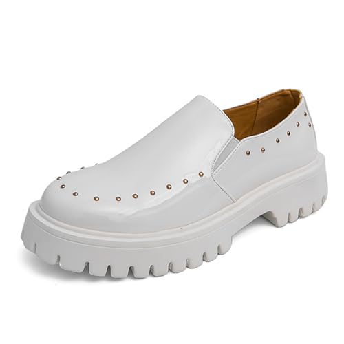 Men's Soft Patent Leather Platform Chunky Slip-On Penny Loafers Fashion Metal Rivets Prom Wedding Party Dress Shoes Non-Slip Lug Sole Business Casual Formal Work Shoes