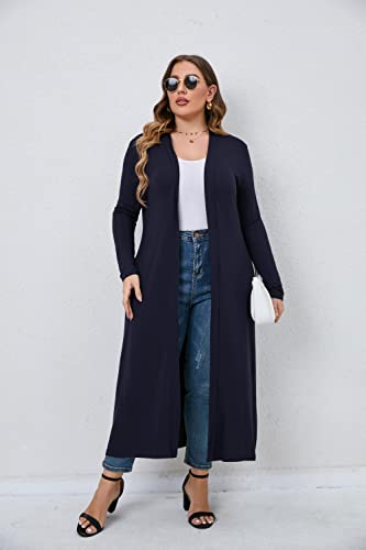 Image of Women Plus Size Floor Length Open Front Drape Cardigan Lightweight Long Sleeve Maxi Duster with Pockets 1X-5X