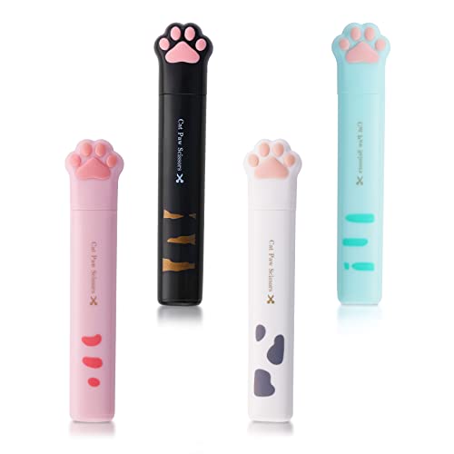4 Pieces Cute Mini Scissors, Cartoon Cat Paw Stainless Steel Craft Scissors, Folding Stationery Scissors with Safety Cover, Portable Safety Scissors for Paper Cutting, Scrapbooking, Crafting