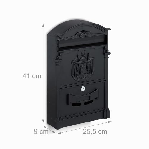 Buzón exterior antiguo negro de acero con diseño retro y ventanilla 5