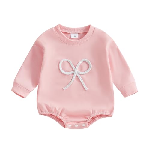 Image of KtwHarnu Newborn Baby Girl Fall Outfit Bow Oversized Sweatshirt Bubble Romper Long Sleeve Sweater Bodysuit One-Piece Jumpsuit