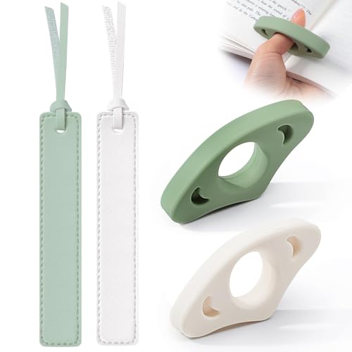 4Pcs Book Page Holder Set 2Pcs Breathable Silicone Thumb Book Page Holder and 2Pcs Leather Bookmark Classic Stitched Bookmark with Leather Rope Reading Accessories for Book Lovers Readers