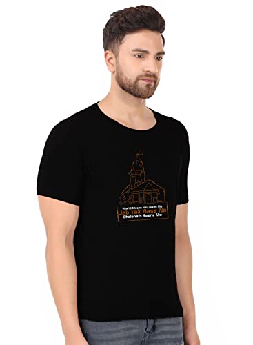 Image of Prabhubhakti Devotional Text Graphic Printed Tshirts | Kedarnath Image Printed Tshirts for Men | Cotton Blend Round Neck Half Sleeve Black T-Shirt for Men | Boys Trendy Mahadev Tshirts