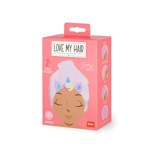 Legami - Love My Hair Haarschleier, Schnelltrocknung, Mikrofaser, Super Saugfähig, Weich, Anti-Cresp, Frauen Haar Handtuch, Verschluss mit Knopf, Unicorn-Thema