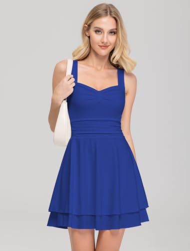 Image of IWD Women's Square Neck Sleeveless Mini Dress Ruched Waist Tiered Ruffle Hem A Line Short Dresses