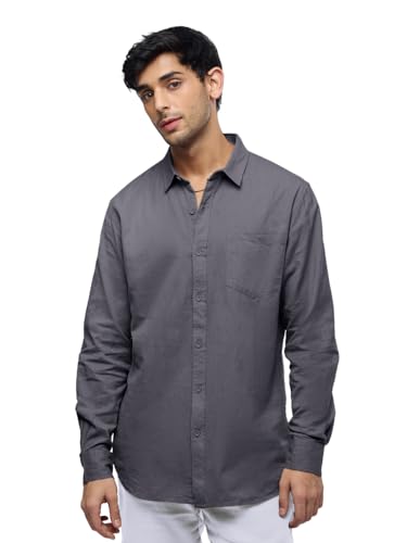 Image of The Souled Store Solid Linen: Beige Color Men and Boys Regular Outdoor Fit Full Sleeve Collared Neck Spread Collar Casual Wear Stylish Comfortable Premium Elegant Cotton Shirts