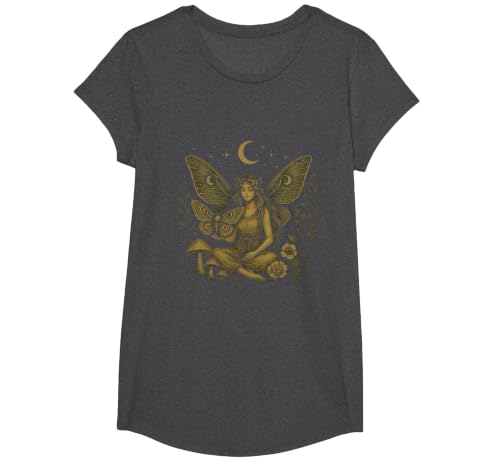 Fairy core Luna Moth Goth Butterfly Moon Fairycore Clothing T-Shirt, Girls, Dark Heather Grey, Large