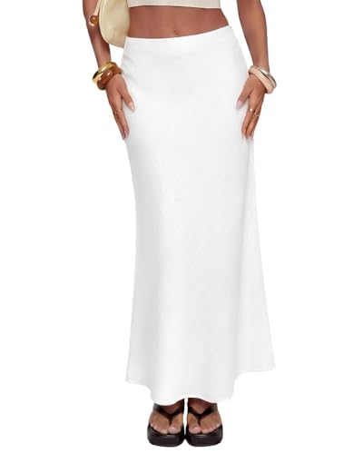 TEDDIFY Women's Linen Maxi Skirt Elastic High Waisted White Summer
