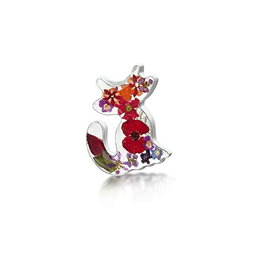 Preisvergleich Produktbild Katzenbrosche Handgefertigte Silberbrosche mit echten Blumen. Ideales Geschenk für Katzenliebhaber. Inklusive Geschenkbox. Brosche mit vergoldetem Anstecker Sterling-Silber 925