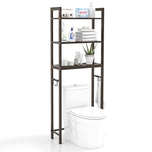 COSTWAY Toiletrek 170 cm, wc-rek met 3 planken, rek voor wasmachine metaal, incl. 3 haken, met in hoogte verstelbare dwarsstang (bruin)