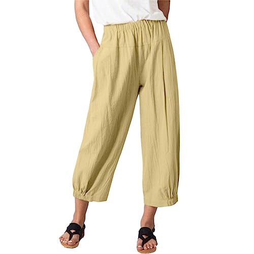 Korebow Women's Summer Linen Pants High Waisted Drawstring Printed Bohemian Capris Trousers, 01 Khaki, Large