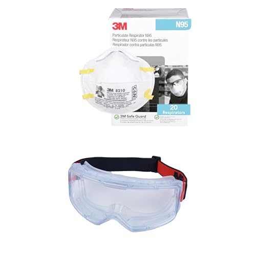 3M 8210 N95, Pack of 20 Disposable Respirator, NIOSH APPROVED, Cup Style Protective Goggle, Anti-Fog/Anti-Scratch Lens, Premium Cloth Strap, PVC Shroud, ANSI Z87.1, CSA Z94.3, D3 D4 Rating