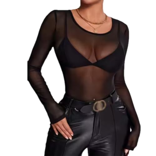 KEQAR Sexy Camiseta de Rejilla Mujer Transparente Mesh Sheer Top con Cuello Redondo para Clubwear, Fiestas y Looks Diarios - Material Suave y Transpirable para Comodidad y Estilo (Negro)