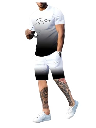 GORGLITTER Conjunto masculino de 2 peças com estampa de letras ombré, manga curta, conjunto de short
