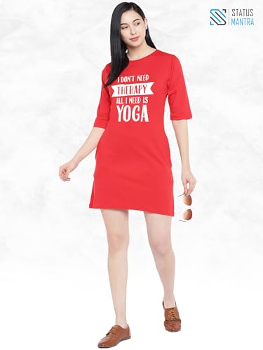 Image of STATUS MANTRA Women's Long T-Shirt Dress - Cotton Casual Knee Length Dress with 3 /4 Sleeves | Soft Bio-Washed Fabric, Crew Neck, Relaxed Fit | Comfy Summer Lounge Wear