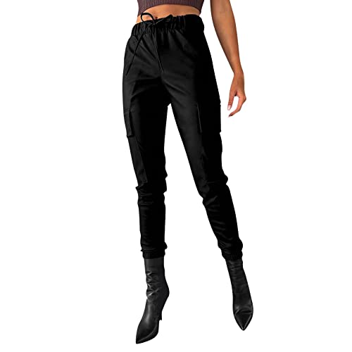 Pantalon de sport femme taille élastique cargo fluide en cuir synthétique uni
