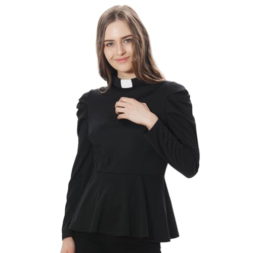Women's Elegant Clergy Shirt Long Sleeve Ruffle Hem Ministers Clerical Blouse Casual Tops with Free Slip-in Tab Collar Black