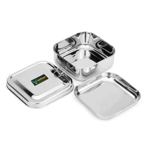 Fortuna Stainless Steel Lunch Box, Square - 400ml | Compartment Traditional Tiffin Box with Seperator Plate | Easy to Carry, Locking Clip | Ideal for 