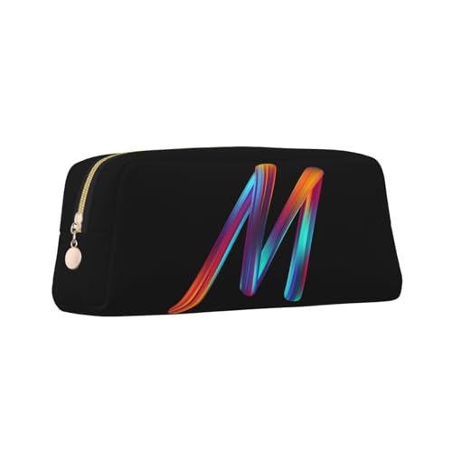 Image of Cute Initial Pencil Case for Kids Simple Leather Pencil Pouch for Boys Girls Letter Design Pencil Box Pen Bag Pencil Pouch Office Stationery Organizer, Rainbow Letter M