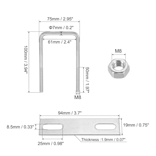 Image of PATIKIL M8x60x100mm Square U-Bolts Kit, 4Set 304 Stainless Steel Square U Shaped Bolts Replacement Parts with Frame Plates and Nuts for Ski Board Sailboat Trailer