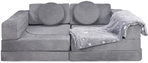 BIERUM Kids Couch, 12PCS Toddler Couch with Blanket for Bedroom Playroom, Multifunctional Nugget Couch Kids Play Couch Sofa for Developing Child Intelligence, Creativity and Imagination, Grey