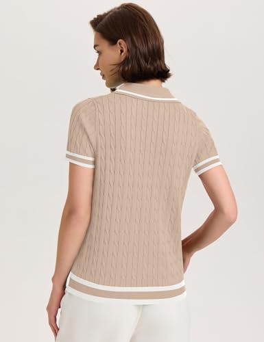 Image of Micoson Womens Short Sleeve Sweater Tops Lapel V Neck Polo Shirts 2026 Summer Cable Knit Loose Blouse Business Casual Outfits