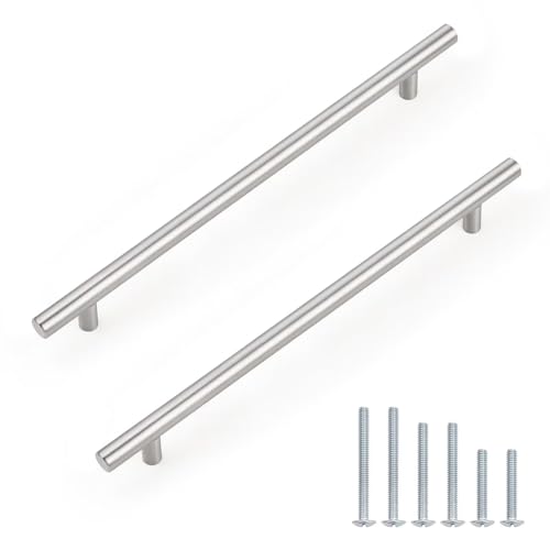 Probrico 12 Pack Brushed Nickel Kitchen Cabinet Handles 10inch(256mm) Hole Centers Stainless Steel Drawer Pulls Round T Bar Dresser Pull and Handle Length 320mm(12.8inch)