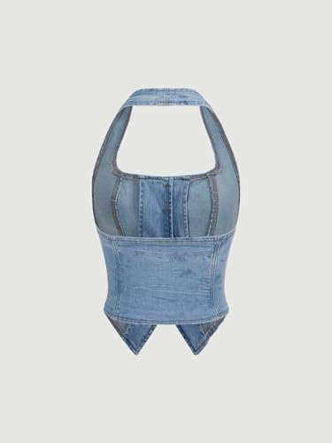 Verdusa Women's Button Front Halter Neck Asymmetrical Denim Crop Top Jean Vest2