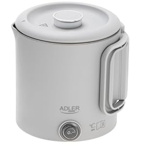 Adler Kompakter Reisewasserkocher 0,8 l 650 W | Klappbarer Griff Doppelte Edelstahlgehäuse 360° drehbarer Sockel Automatische Abschaltung Grau Typ E/F