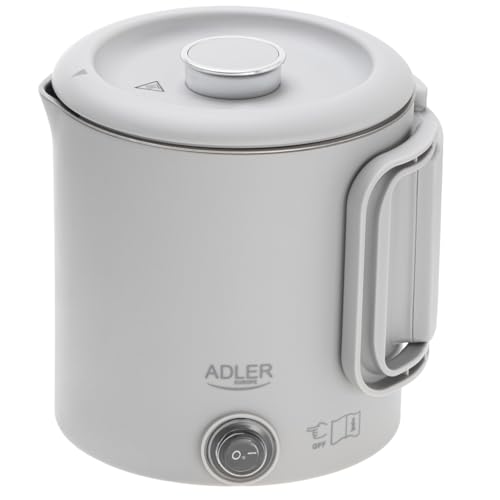 Adler Bouilloire de voyage compacte 0,8 l 650 W | Poignée pliable Double boîtier en acier inoxydable Socle rotatif à 360° Arrêt automatique Gris Type E/F