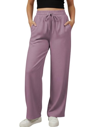 Image of Leriya Fashion Women Relaxed Fit Wide Leg Trousers | Malai Cottage Elastic Drawstring Wide Leg Pants for Women | Casual Straight Lounge Pants with Pockets | Stylish Everyday Office Outfit Bottom Pant