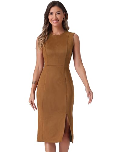 Allegra K Faux Suede Dresses for Women's Sleeveless Crewneck Split Hem Work Office Sheath Dress