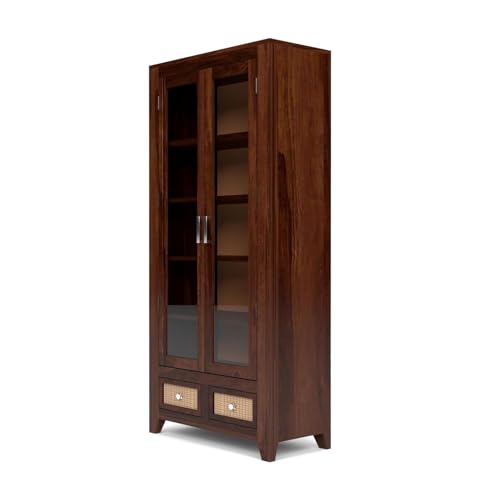 Image of Solid Sheesham Wood Book Cabinet with Acrylic Glass Doors | Rosewood Display Storage Unit with Shelves & Drawers for Home & Office | Louge (B-Walnut)