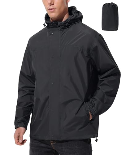 UIQUR Mens Packable Rain Jacket Waterproof with Hood Lightweight Windbreaker Shell Rain Coat for Golf Cycling Running(Black, X-Large)
