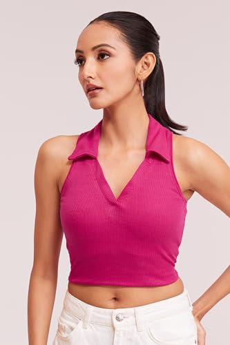 Image of BERRY BIRD Stylish Sleeveless V-Neck Slim Fit Collar Ribbed Knit Tank Crop Tops for Women & Girls Beach and Gym Wear and Western Trendy Fashion