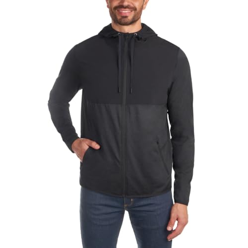 KIRKLAND Signature Men's Mixed Media Jacket, Woven and Knit Fabric, Drawcord Hood, Zippered Pockets (US, Alpha, Large, Regular, Regular, Black)