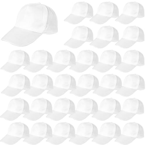 Varku - 32 Pcs Blank White Baseball Caps, Baseball Hats Bulk Adjustable Youth Hats for Adults, Plain Headwear for DIY Customization, Ideal for Large Groups, Sports Teams, School Activities