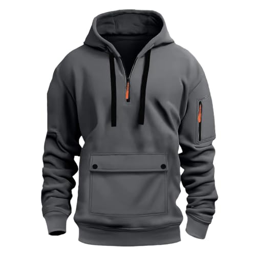 Mens Cargo Hoodies Casual Quarter Zip Tactical Hooded Sweatshirts Workout Fitness Pullover Tops with Flap Pockets3