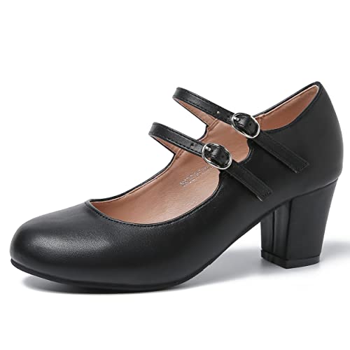 Women's Mary Jane Pumps Double Strap Chunky Block Heel Closed Round Toe Dress Office Work Bridal Wedding Party Shoes