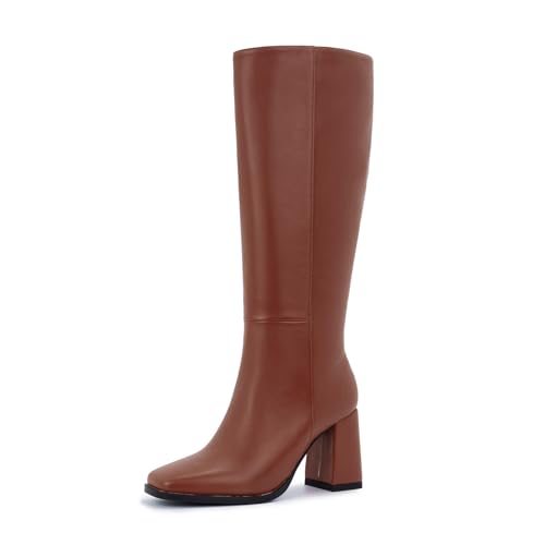 Image of Knee High Boots for Women - Wide Calf Boots with Zipper, Square Toe Tall Leather Boots, Chunky Heel Fashion Long Boots