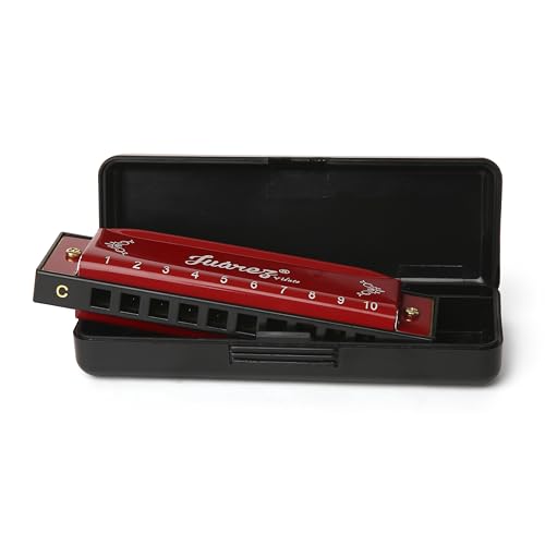 Image of Juarez Key C Diatonic Blues Harmonica 10 Hole 20 Tones with Case & Cleaning Cloth | Phosphor Bronze Reeds, ABS Comb | Mouth Organ for Beginners, Kids, Students & Professionals, Red