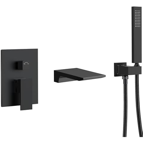 Wall Mount Bathtub Faucet Set: Aposhion Waterfall Tub Faucet with Handheld Sprayer, Bathroom Single Handle Shower Faucet Set Brass Tub Spout, High Flow and Rough in Valve, Matte Black Cover