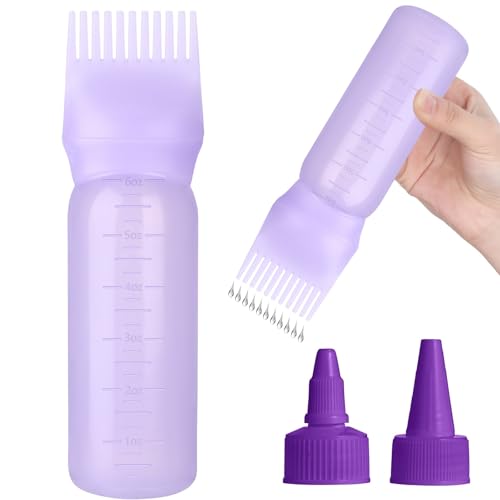 FXSPLCZ Root Comb Applicator Bottle Oil Applicator for Hair Dye Hair Oiling Bottle with 2 Types Caps and Graduated Scale, 6 Ounce (Purple)