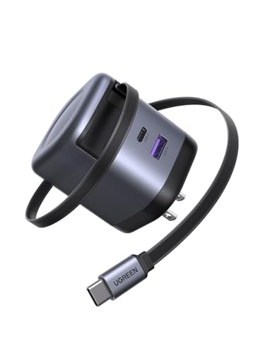 UGREEN Nexode 65W GaN USB C Retractable Charger with Built-in Cable 2-Port Fast Charging Wall Adapter for iPhone 17/16/15 Galaxy S26/S25/S24 Pixel 10/9/8 MacBook Pro/Air/Neo iPad AirPods