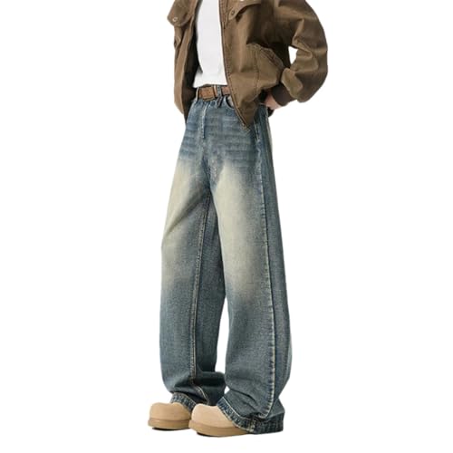 Men's Y2K Distressed Straight-Leg Jeans Retro Washed Hip Hop Baggy Denim Pants High Street Style