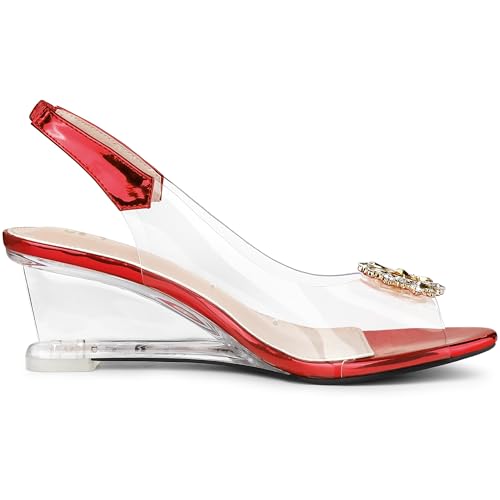 Allegra K Allegra K Women's Rhinestone Clear Wedges Red Heels Sandals 9 M US