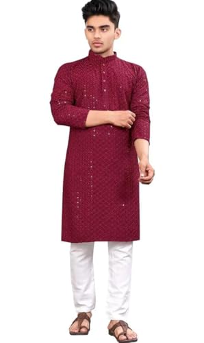 Trustous Men's Indian Ethnic Wear Straight Lucknowi Kurta