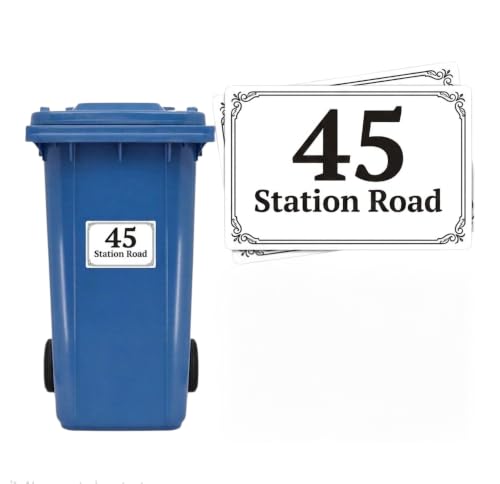 Pack of 4 Personalised Wheelie Bin Stickers - Custom House Number & Street Name Address Labels - Waterproof Vinyl Vintage Decals for Rubbish and Recycling Bins (150x100mm)