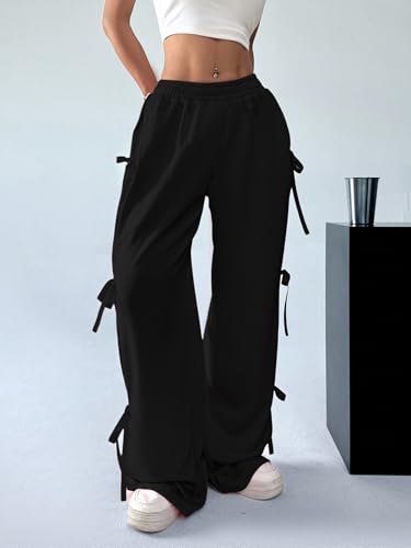 Verdusa Women's Baggy Sweatpants Elastic Waist Casual Bow Wide Leg Pants with Pocket Y2K Going Out Travel Pants2